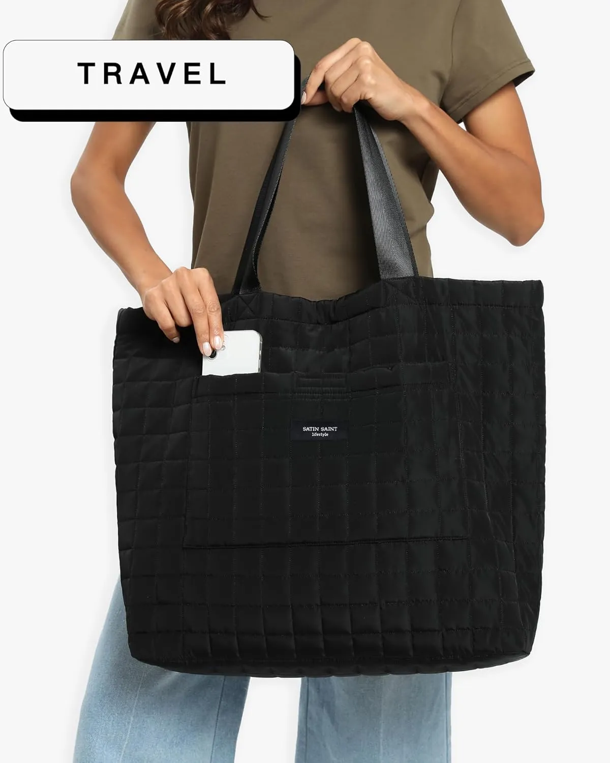 SATINSAINT Large Tote Travel Bag for Women, Lightweight Quilted Carry-All Shoppers Tote for Travel, Work, Gym and Casual Use