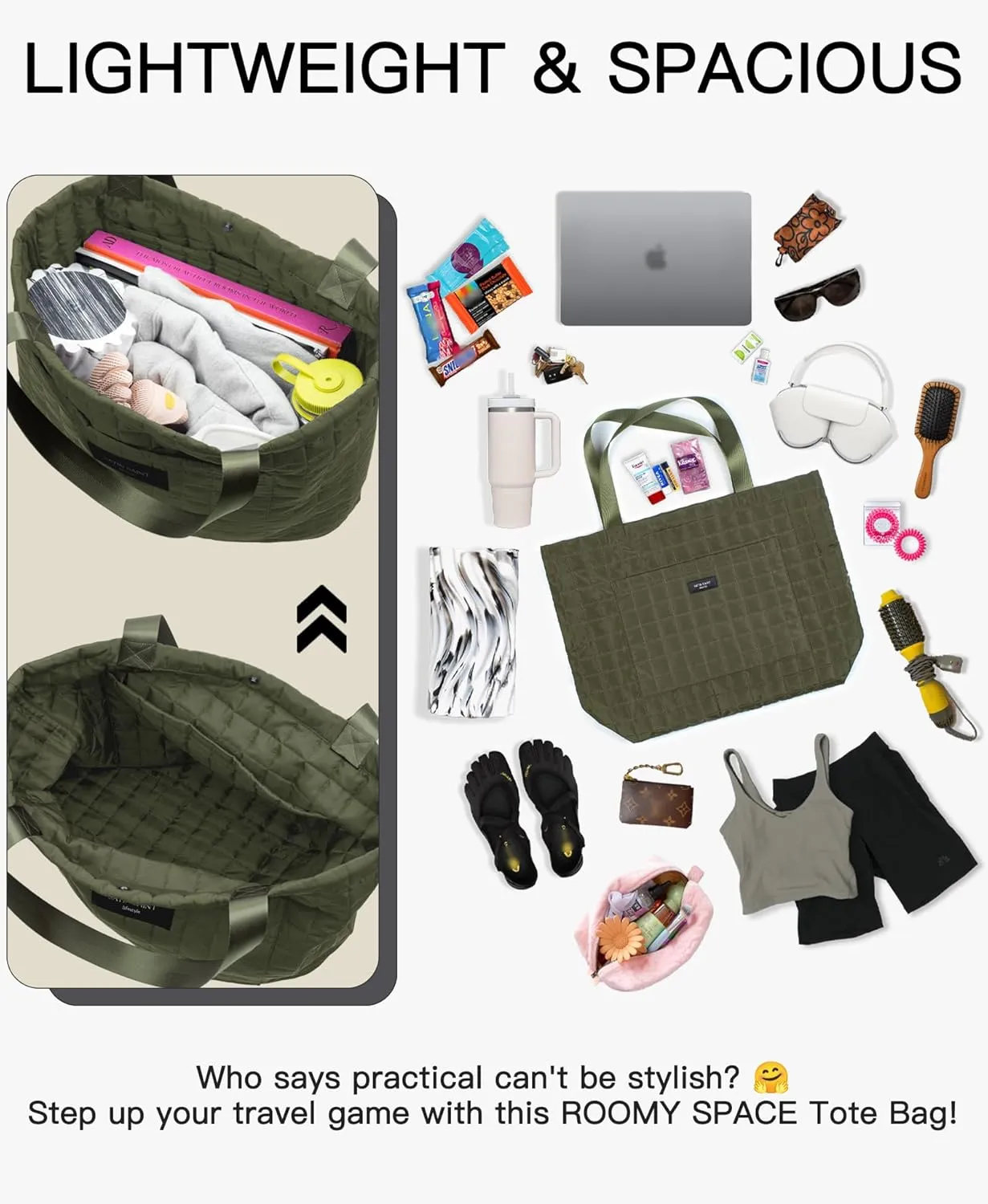 SATINSAINT Large Tote Travel Bag for Women, Lightweight Quilted Carry-All Shoppers Tote for Travel, Work, Gym and Casual Use