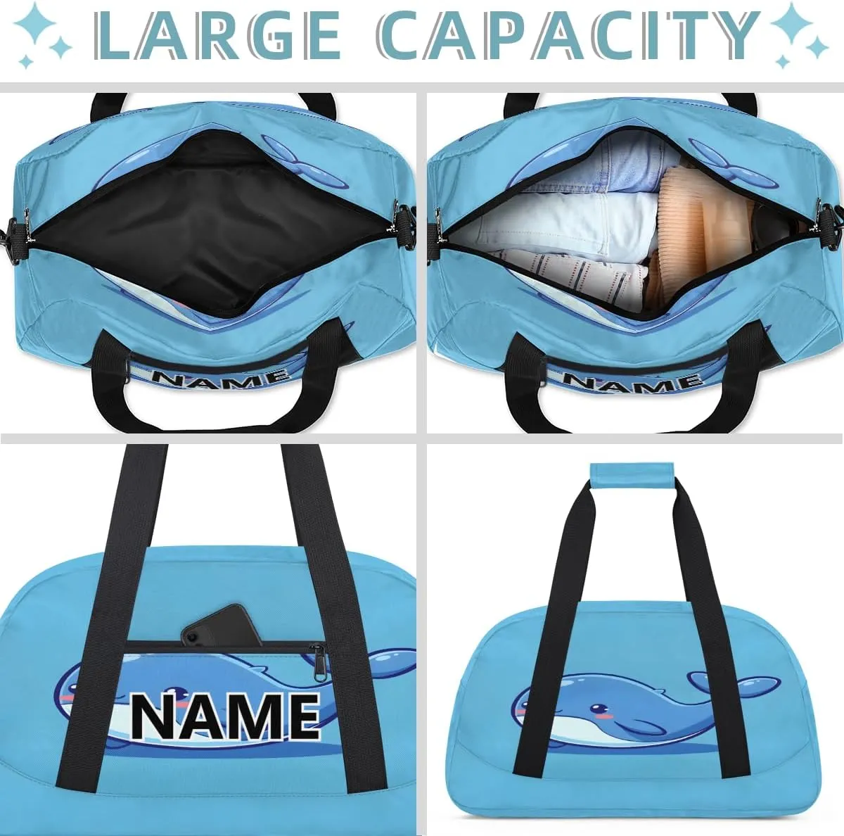 Sea Fish Whales Custom Small Gym Bag 18 inch for Women Men Personalized Cute Whales Carry On Overnight Weekender Bag for Travel Work Dance Sport