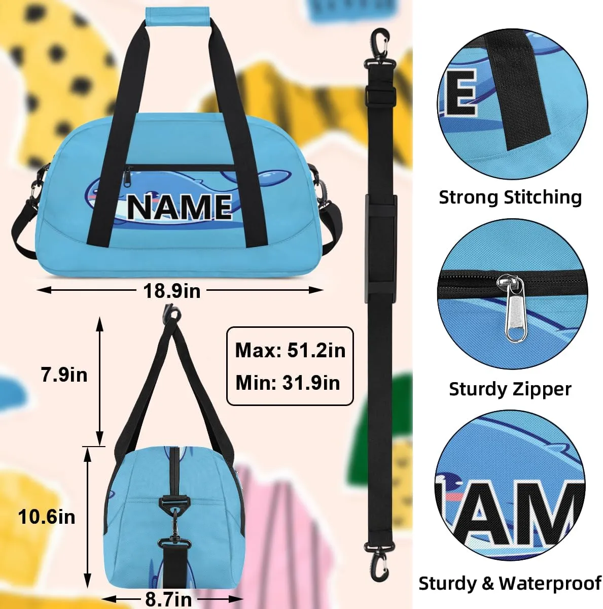 Sea Fish Whales Custom Small Gym Bag 18 inch for Women Men Personalized Cute Whales Carry On Overnight Weekender Bag for Travel Work Dance Sport