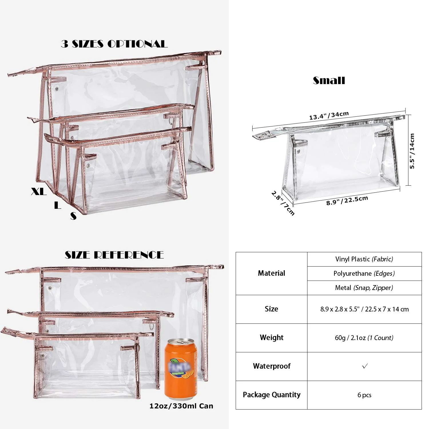 Sea Team 6-Pack Transparent Waterproof Cosmetic Bags with Zipper, Clear Vinyl Plastic Makeup Bags, Portable Travel Toiletry Pouch, Organizer, Pencil Case (Colorful, Small/8.9")