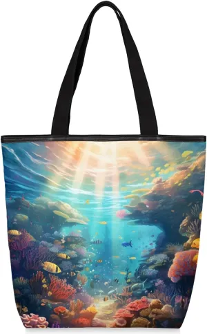 Seabed World Canvas Tote Bag for Women Large Tote Bag with Zipper & Pockets Canvas Beach Bag Shoulder Bag Reusable Shopping Bags Cute Tote Bags for Work Travel