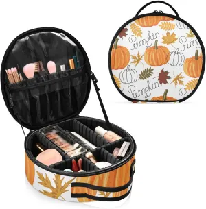 Seamless Autumn Leaves, Orange Pumpkins, Draft Pumpkins Women's Portable Round Makeup Bag with Handle, Cosmetic Bag, Adjustable Dividers, Travel Cosmetic Storage 11 x 3.5 x 10 inch