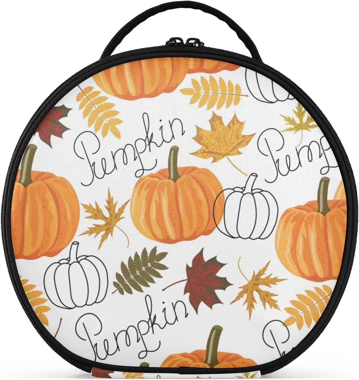 Seamless Autumn Leaves, Orange Pumpkins, Draft Pumpkins Women's Portable Round Makeup Bag with Handle, Cosmetic Bag, Adjustable Dividers, Travel Cosmetic Storage 11 x 3.5 x 10 inch