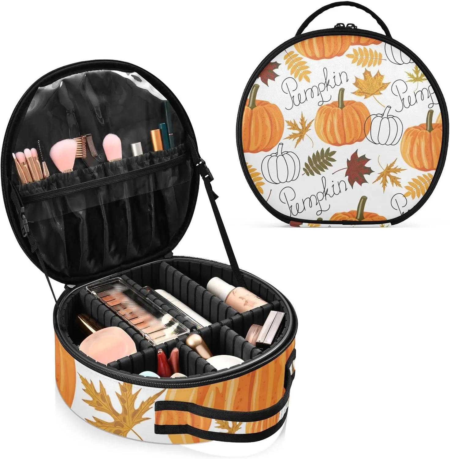 Seamless Autumn Leaves, Orange Pumpkins, Draft Pumpkins Women's Portable Round Makeup Bag with Handle, Cosmetic Bag, Adjustable Dividers, Travel Cosmetic Storage 11 x 3.5 x 10 inch
