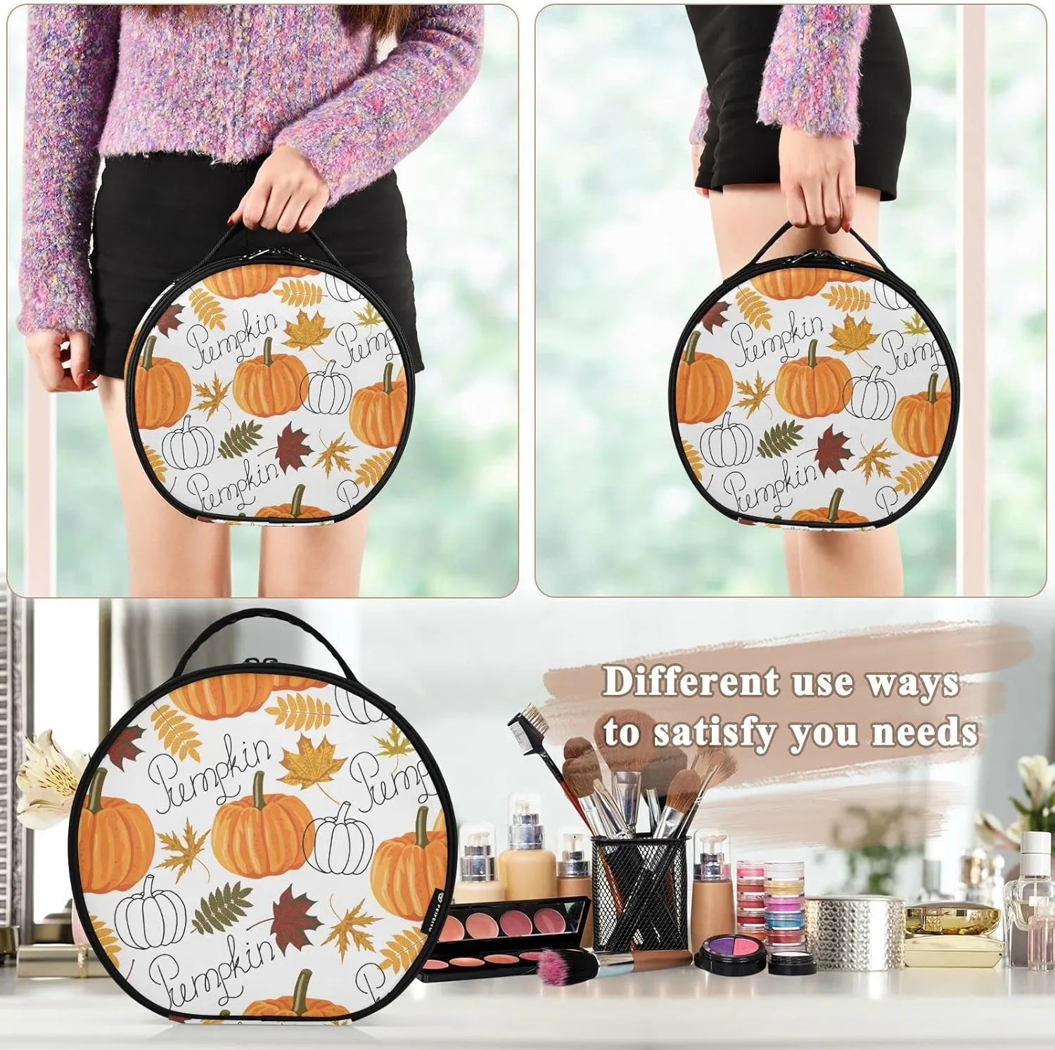 Seamless Autumn Leaves, Orange Pumpkins, Draft Pumpkins Women's Portable Round Makeup Bag with Handle, Cosmetic Bag, Adjustable Dividers, Travel Cosmetic Storage 11 x 3.5 x 10 inch