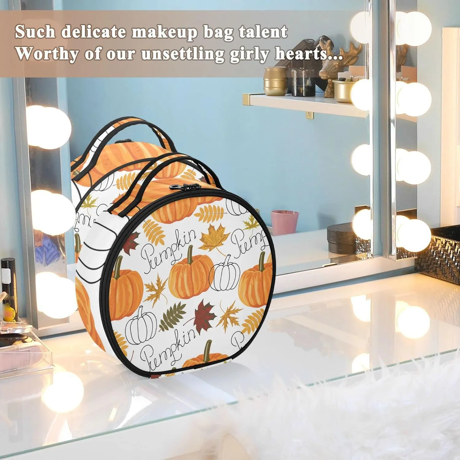 Seamless Autumn Leaves, Orange Pumpkins, Draft Pumpkins Women's Portable Round Makeup Bag with Handle, Cosmetic Bag, Adjustable Dividers, Travel Cosmetic Storage 11 x 3.5 x 10 inch