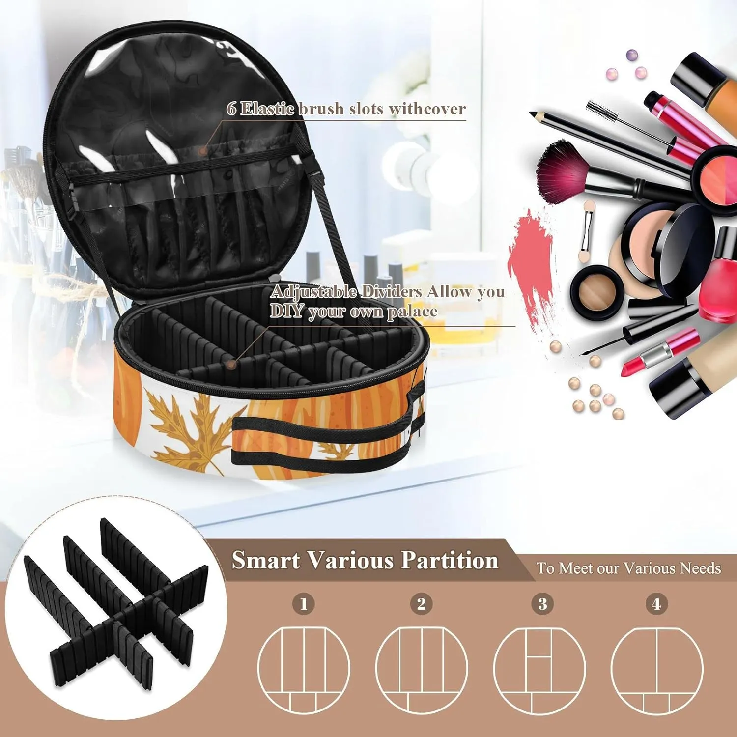 Seamless Autumn Leaves, Orange Pumpkins, Draft Pumpkins Women's Portable Round Makeup Bag with Handle, Cosmetic Bag, Adjustable Dividers, Travel Cosmetic Storage 11 x 3.5 x 10 inch