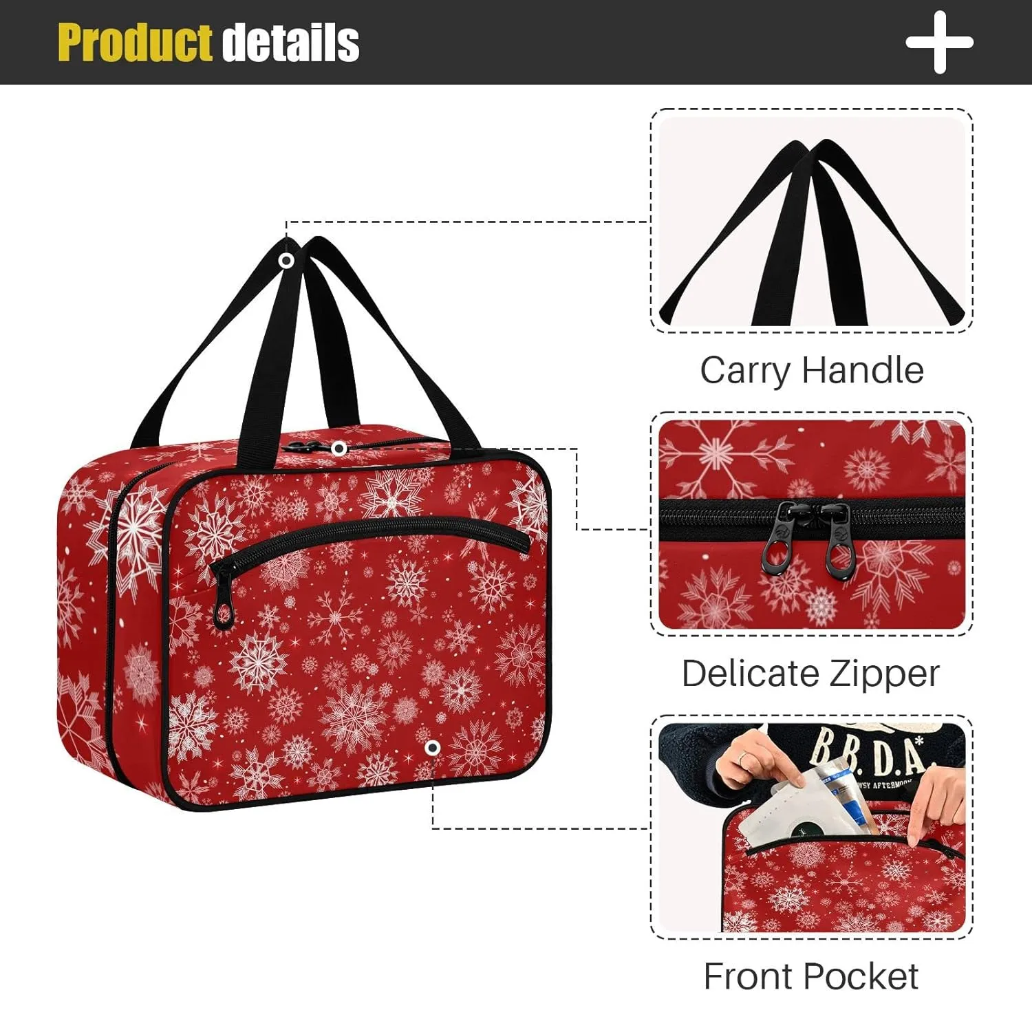 Seamless Christmas and New Year Festive White Snowflakes on Red 1 PC Hanging Travel Wash bag with Handles, Portable Makeup Organizer Brush Storage Case Portable Travel Cosmetic with Hook M
