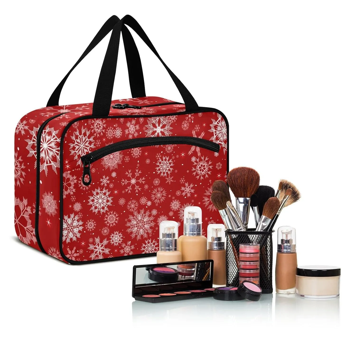Seamless Christmas and New Year Festive White Snowflakes on Red 1 PC Hanging Travel Wash bag with Handles, Portable Makeup Organizer Brush Storage Case Portable Travel Cosmetic with Hook M