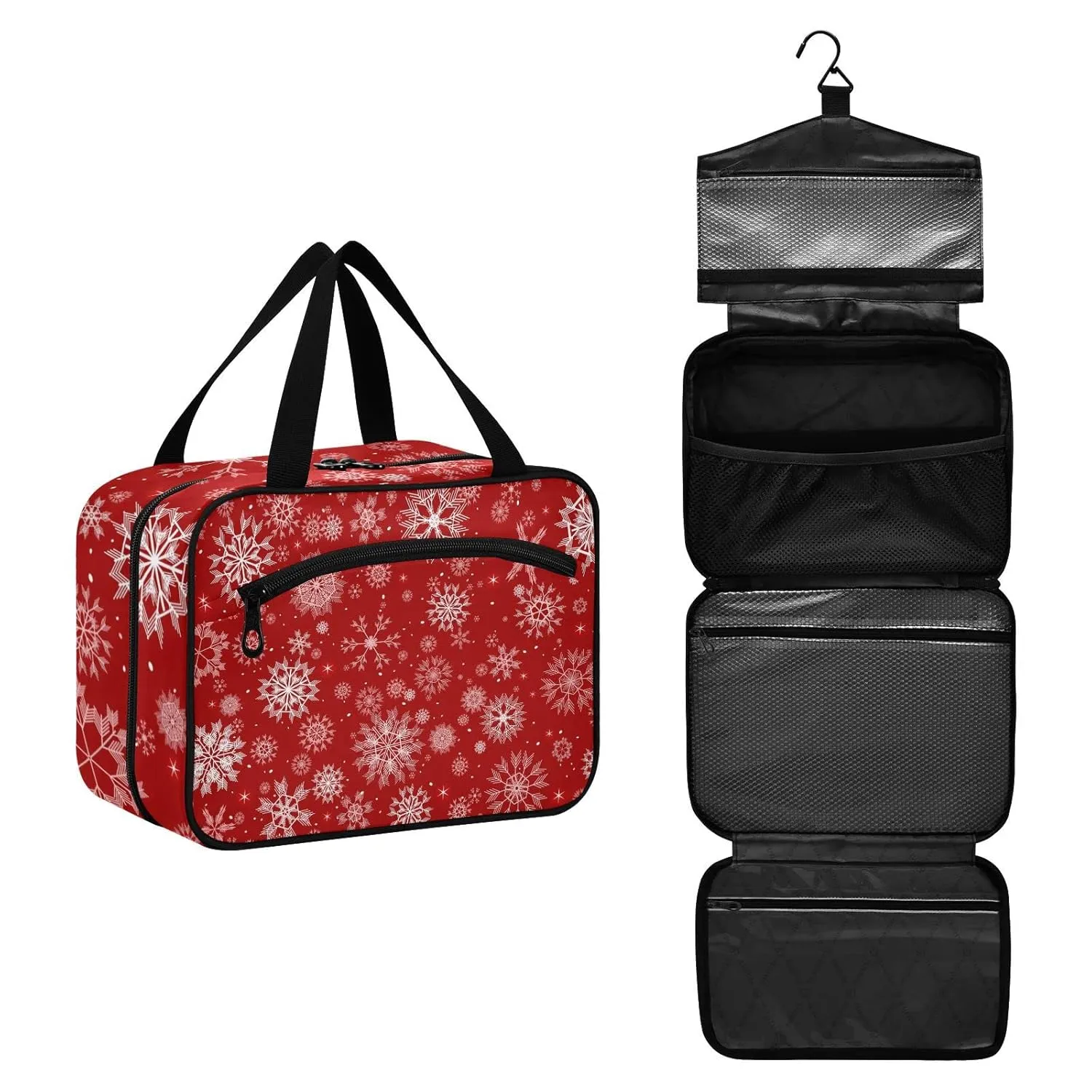 Seamless Christmas and New Year Festive White Snowflakes on Red 1 PC Hanging Travel Wash bag with Handles, Portable Makeup Organizer Brush Storage Case Portable Travel Cosmetic with Hook M