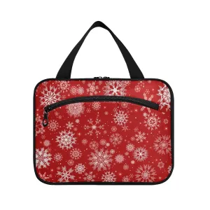 Seamless Christmas and New Year Festive White Snowflakes on Red 1 PC Hanging Travel Wash bag with Handles, Portable Makeup Organizer Brush Storage Case Portable Travel Cosmetic with Hook M