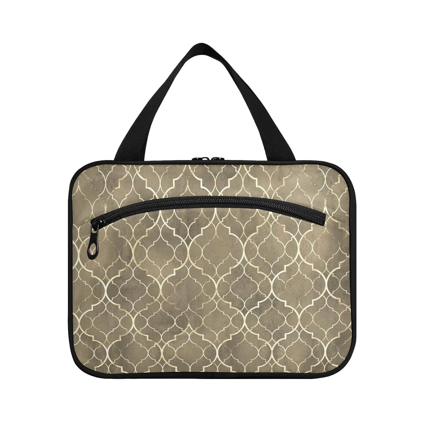 Seamless Gold Golden Moroccan Tiles with Gold Geometric Lines 1 PC Hanging Travel Wash bag with Handles, Portable Makeup Organizer Brush Storage Case Portable Travel Cosmetic with Hook M