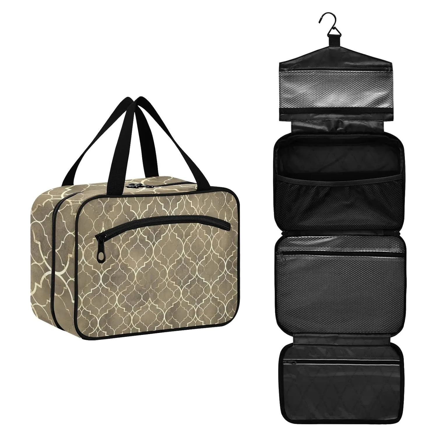 Seamless Gold Golden Moroccan Tiles with Gold Geometric Lines 1 PC Hanging Travel Wash bag with Handles, Portable Makeup Organizer Brush Storage Case Portable Travel Cosmetic with Hook M