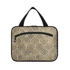 Seamless Gold Golden Moroccan Tiles with Gold Geometric Lines 1 PC Hanging Travel Wash bag with Handles, Portable Makeup Organizer Brush Storage Case Portable Travel Cosmetic with Hook M