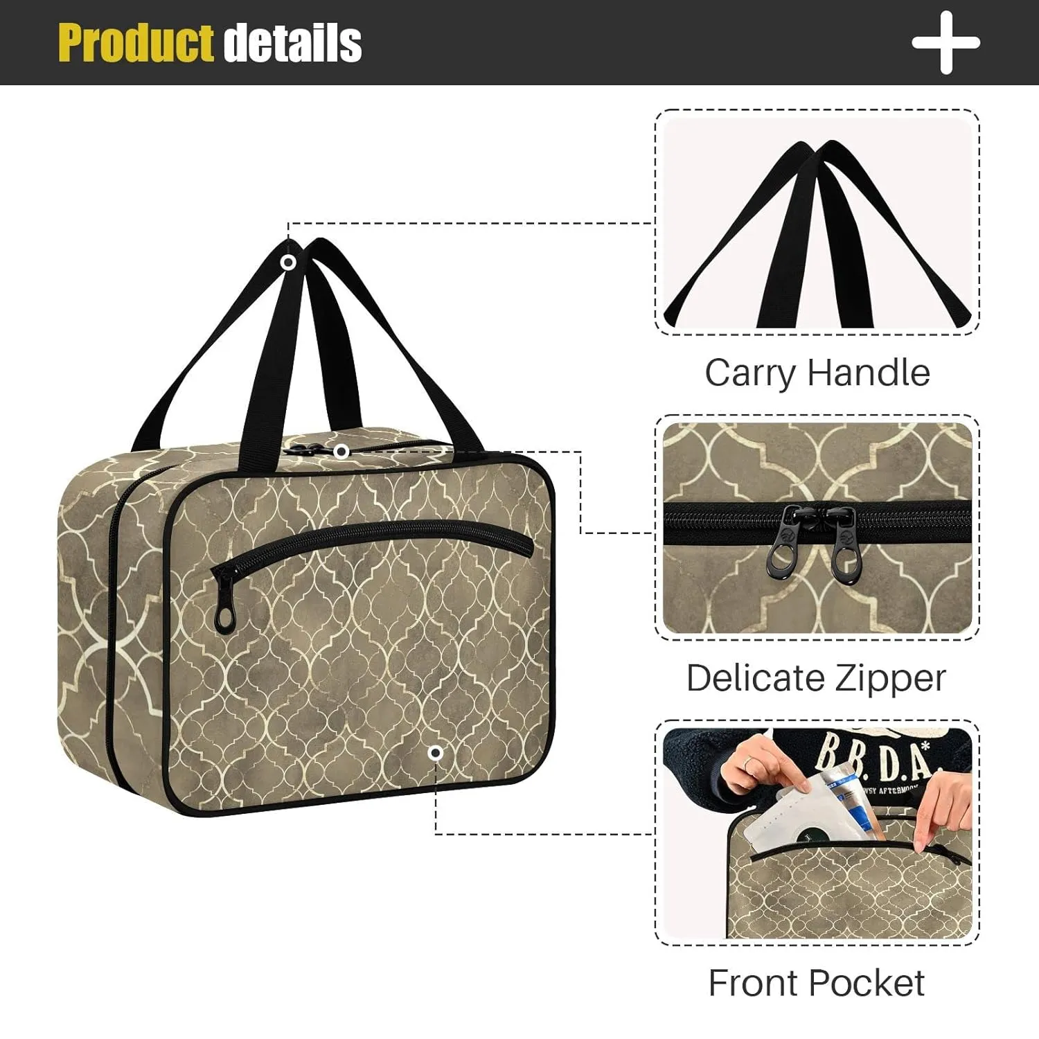 Seamless Gold Golden Moroccan Tiles with Gold Geometric Lines 1 PC Hanging Travel Wash bag with Handles, Portable Makeup Organizer Brush Storage Case Portable Travel Cosmetic with Hook M
