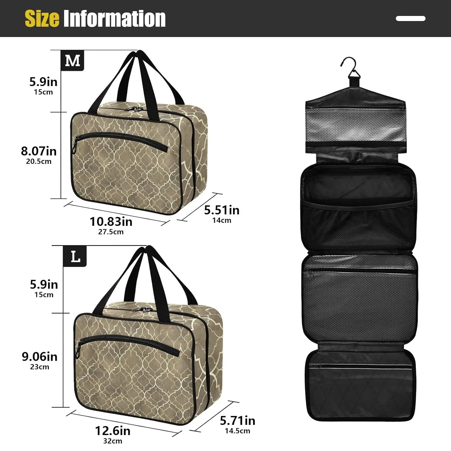 Seamless Gold Golden Moroccan Tiles with Gold Geometric Lines 1 PC Hanging Travel Wash bag with Handles, Portable Makeup Organizer Brush Storage Case Portable Travel Cosmetic with Hook M