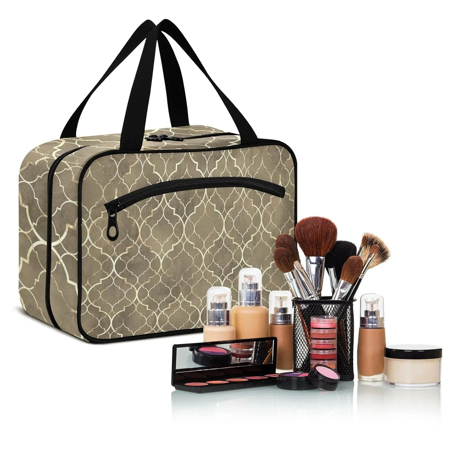 Seamless Gold Golden Moroccan Tiles with Gold Geometric Lines 1 PC Hanging Travel Wash bag with Handles, Portable Makeup Organizer Brush Storage Case Portable Travel Cosmetic with Hook M