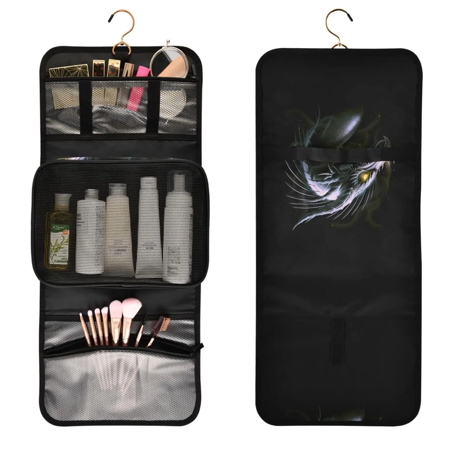 Seamless Yellow Construction Machinery Trucks, Crane, Loader on Dark 1 PC Hanging Toiletry Wash bag Portable Makeup Organizer Brush Storage Case Portable Travel Cosmetic with Hook