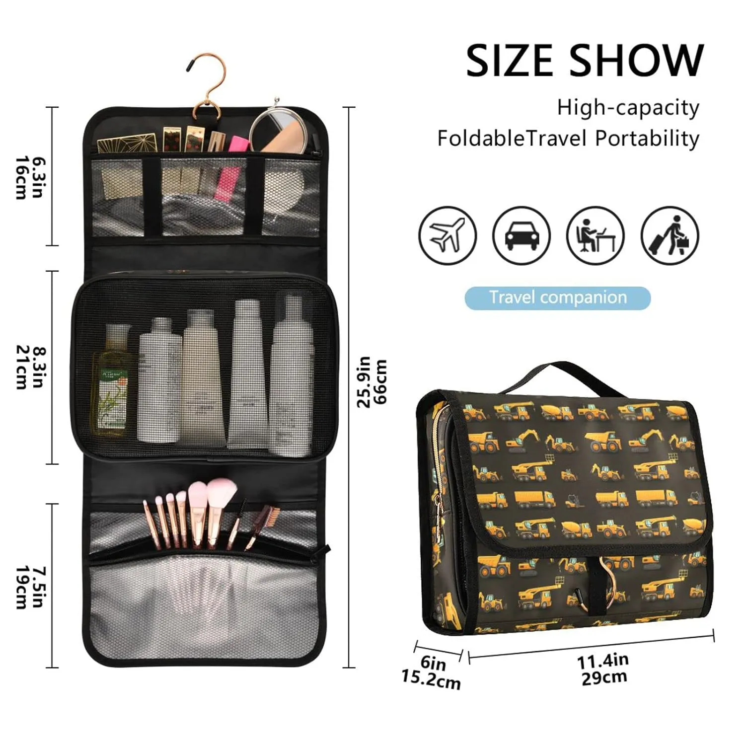 Seamless Yellow Construction Machinery Trucks, Crane, Loader on Dark 1 PC Hanging Toiletry Wash bag Portable Makeup Organizer Brush Storage Case Portable Travel Cosmetic with Hook
