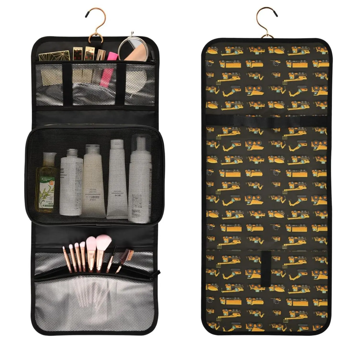 Seamless Yellow Construction Machinery Trucks, Crane, Loader on Dark 1 PC Hanging Toiletry Wash bag Portable Makeup Organizer Brush Storage Case Portable Travel Cosmetic with Hook