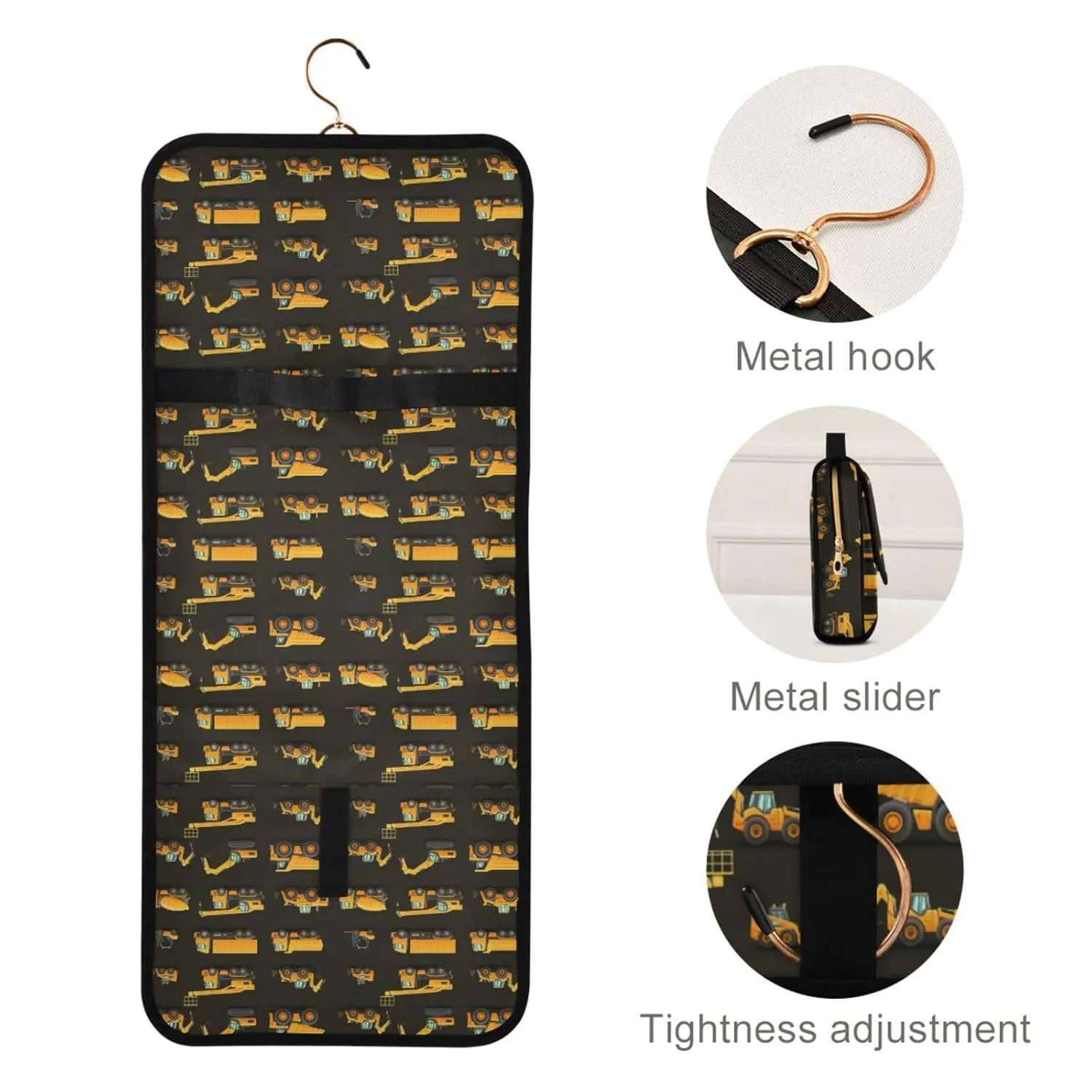 Seamless Yellow Construction Machinery Trucks, Crane, Loader on Dark 1 PC Hanging Toiletry Wash bag Portable Makeup Organizer Brush Storage Case Portable Travel Cosmetic with Hook
