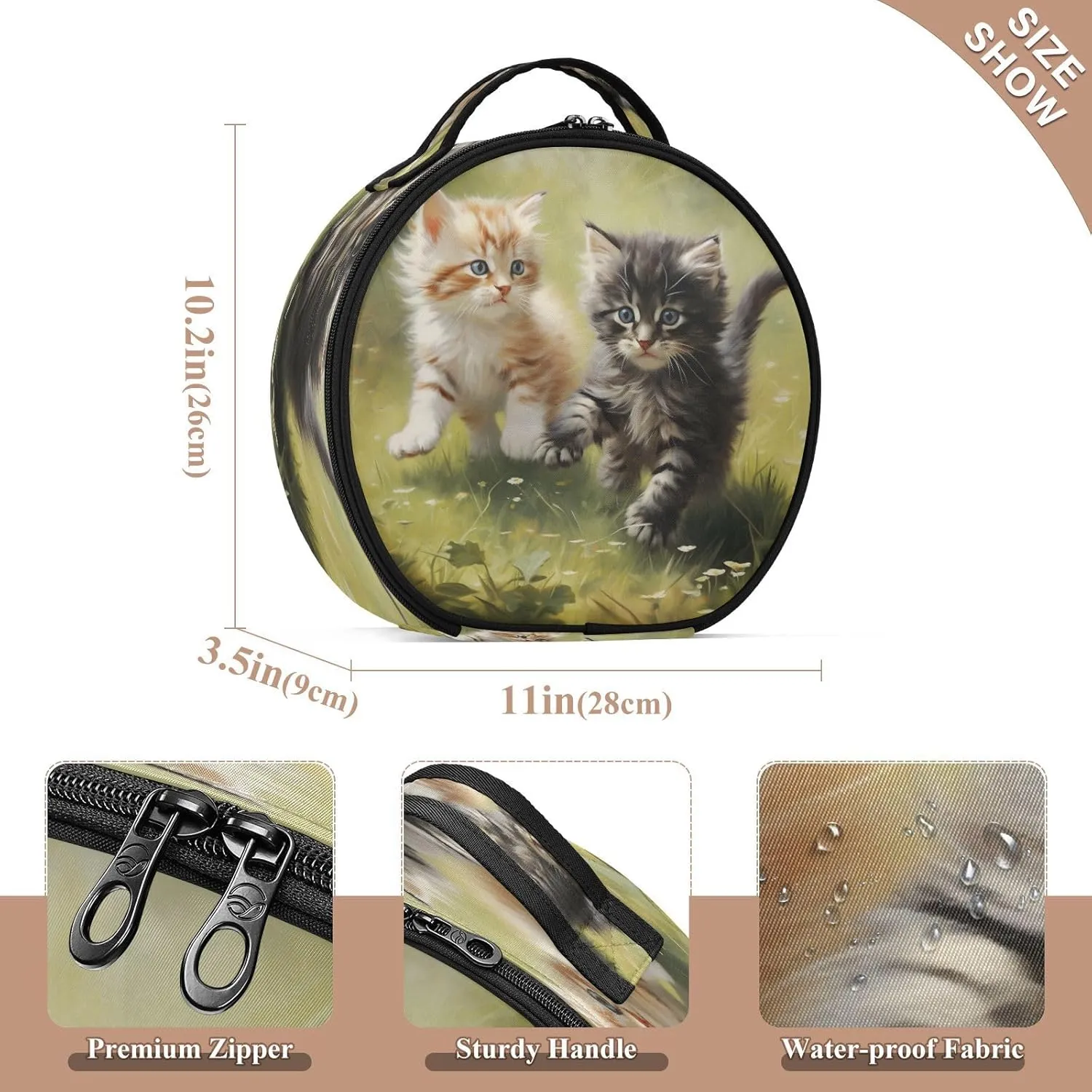 senya Round Cosmetic Pouch Travel Makeup Train Case Cat Kitten Makeup Organizer Bag with Adjustable Dividers Portable for Cosmetics Makeup Brushes Toiletry Jewelry Accessories