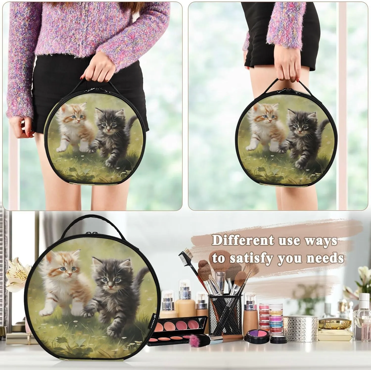 senya Round Cosmetic Pouch Travel Makeup Train Case Cat Kitten Makeup Organizer Bag with Adjustable Dividers Portable for Cosmetics Makeup Brushes Toiletry Jewelry Accessories
