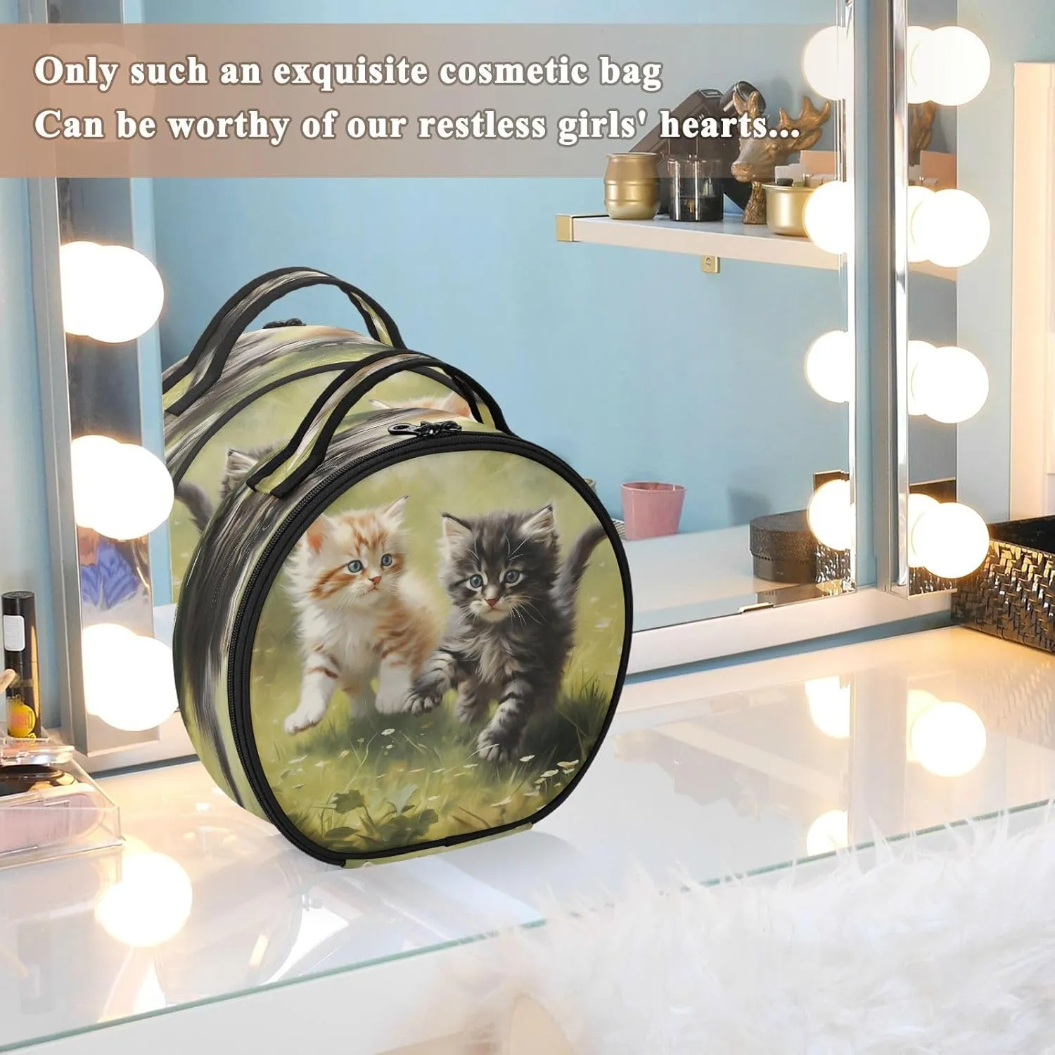 senya Round Cosmetic Pouch Travel Makeup Train Case Cat Kitten Makeup Organizer Bag with Adjustable Dividers Portable for Cosmetics Makeup Brushes Toiletry Jewelry Accessories