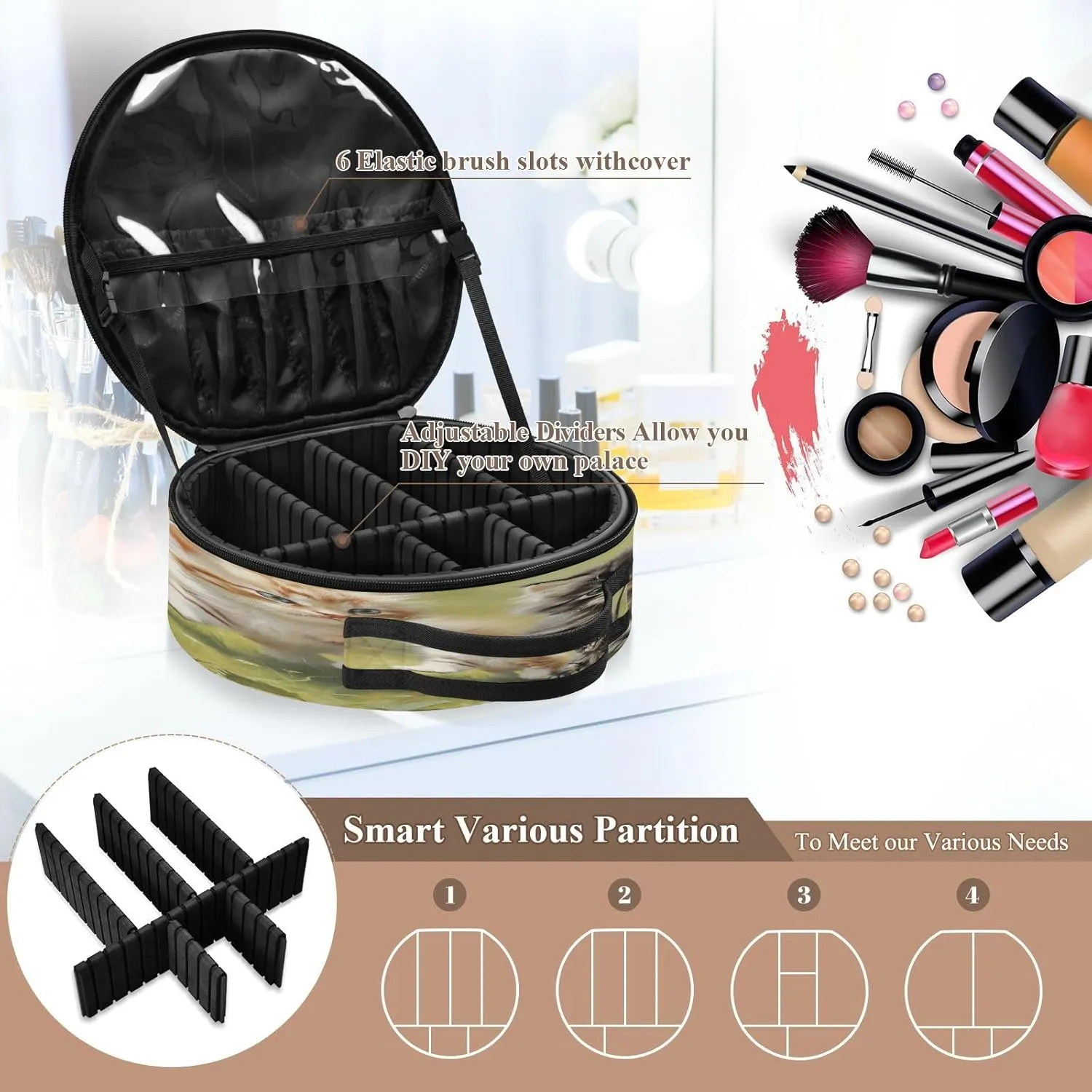 senya Round Cosmetic Pouch Travel Makeup Train Case Cat Kitten Makeup Organizer Bag with Adjustable Dividers Portable for Cosmetics Makeup Brushes Toiletry Jewelry Accessories