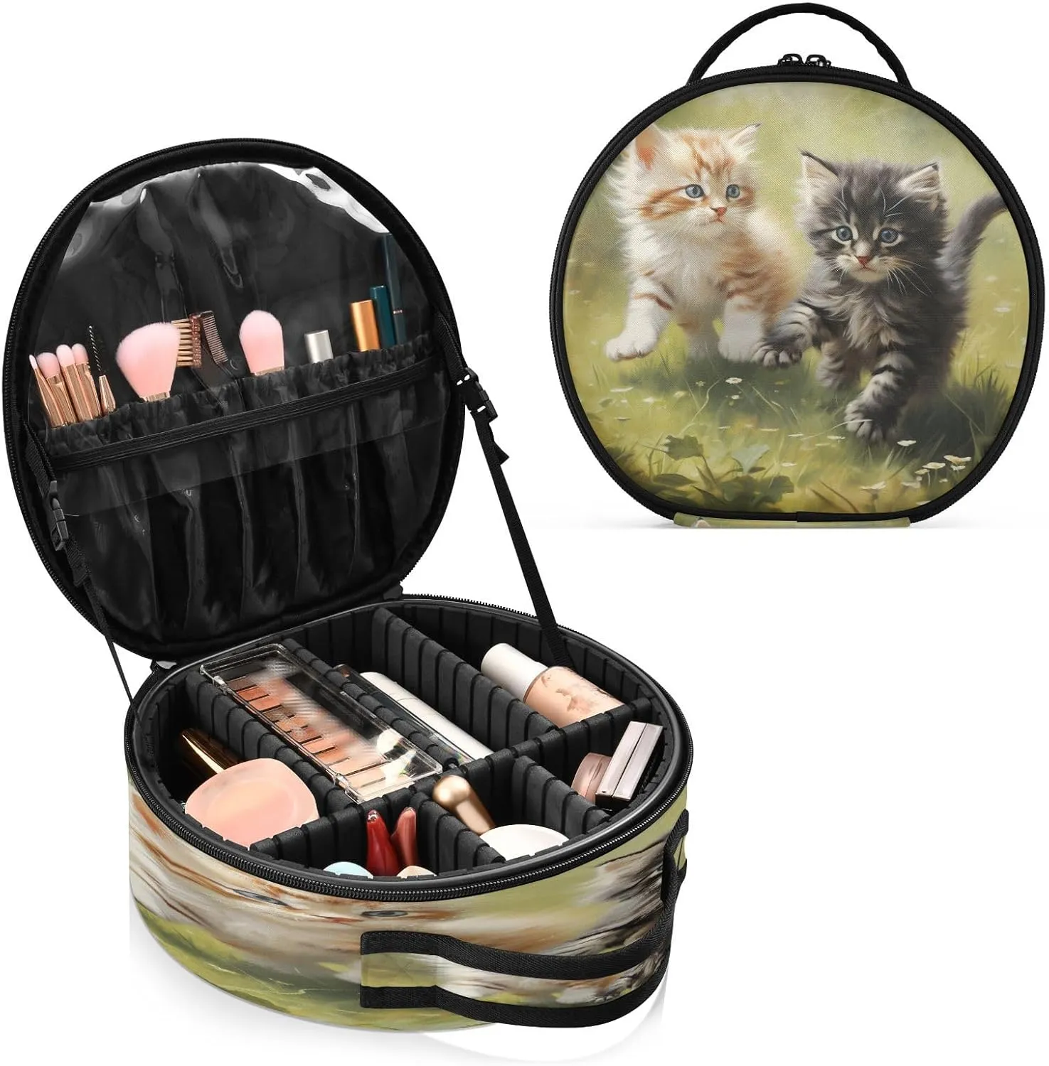 senya Round Cosmetic Pouch Travel Makeup Train Case Cat Kitten Makeup Organizer Bag with Adjustable Dividers Portable for Cosmetics Makeup Brushes Toiletry Jewelry Accessories