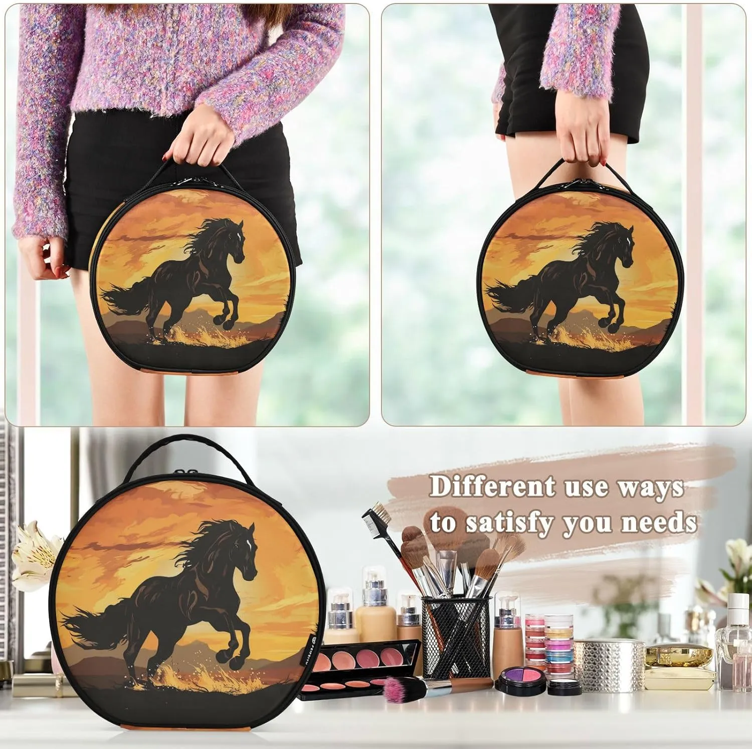 senya Round Cosmetic Pouch Travel Makeup Train Case Horse Makeup Organizer Bag with Adjustable Dividers Portable for Cosmetics Makeup Brushes Toiletry Jewelry Accessories