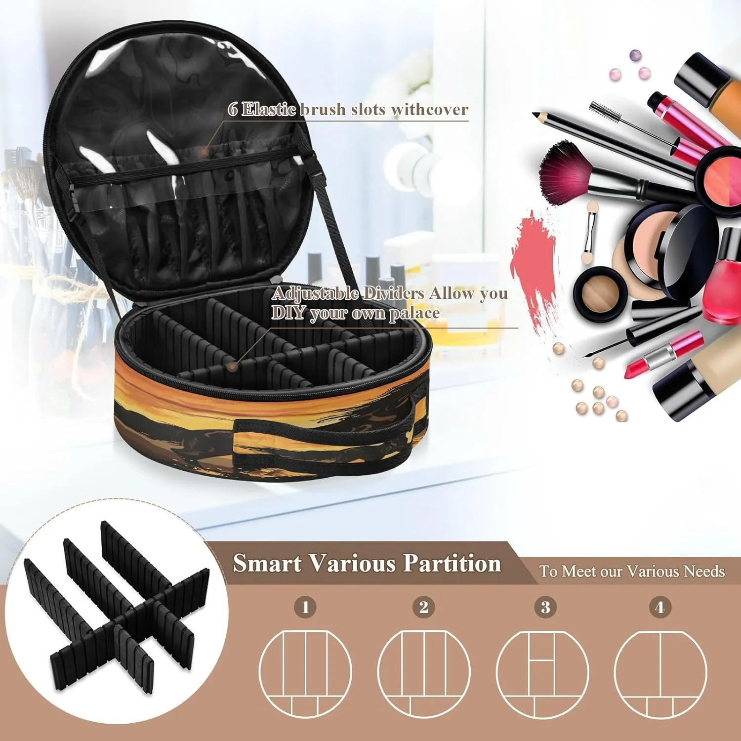 senya Round Cosmetic Pouch Travel Makeup Train Case Horse Makeup Organizer Bag with Adjustable Dividers Portable for Cosmetics Makeup Brushes Toiletry Jewelry Accessories
