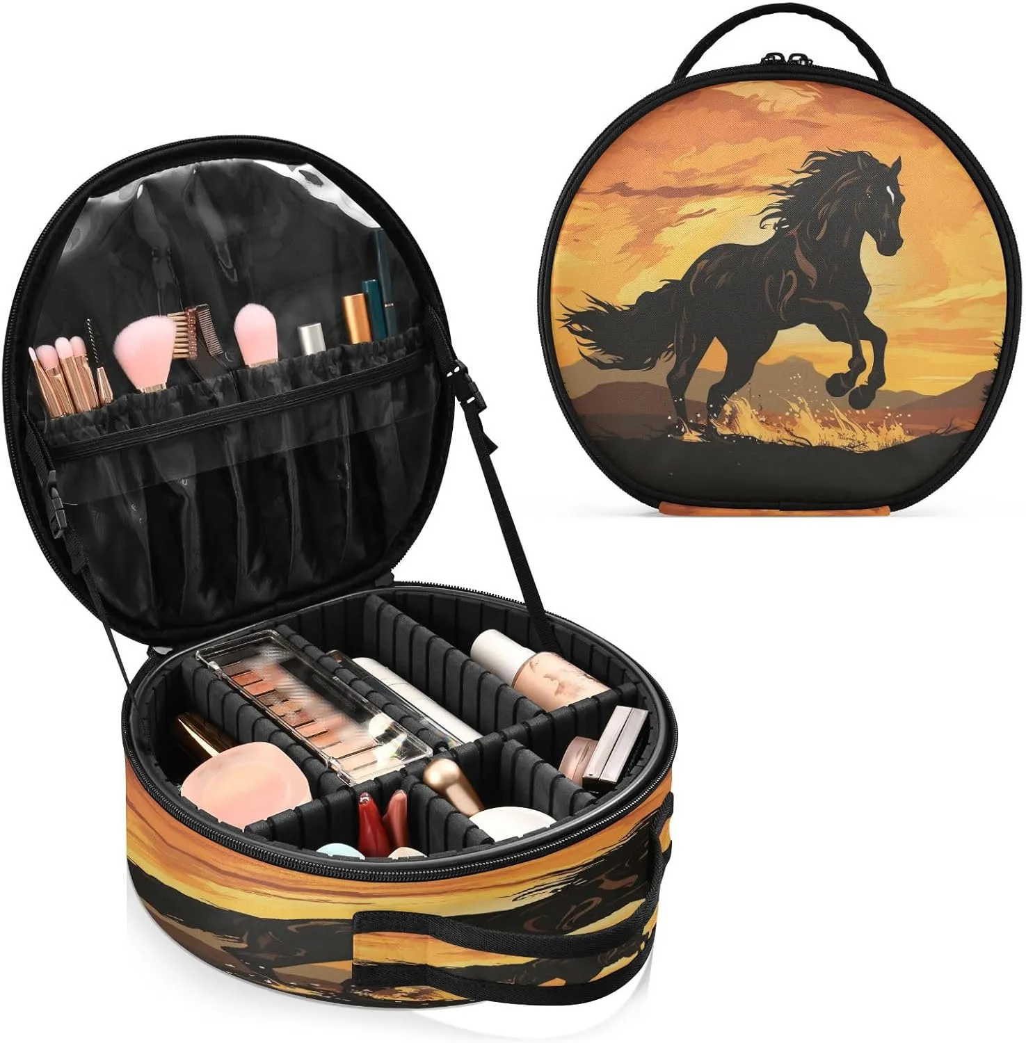 senya Round Cosmetic Pouch Travel Makeup Train Case Horse Makeup Organizer Bag with Adjustable Dividers Portable for Cosmetics Makeup Brushes Toiletry Jewelry Accessories