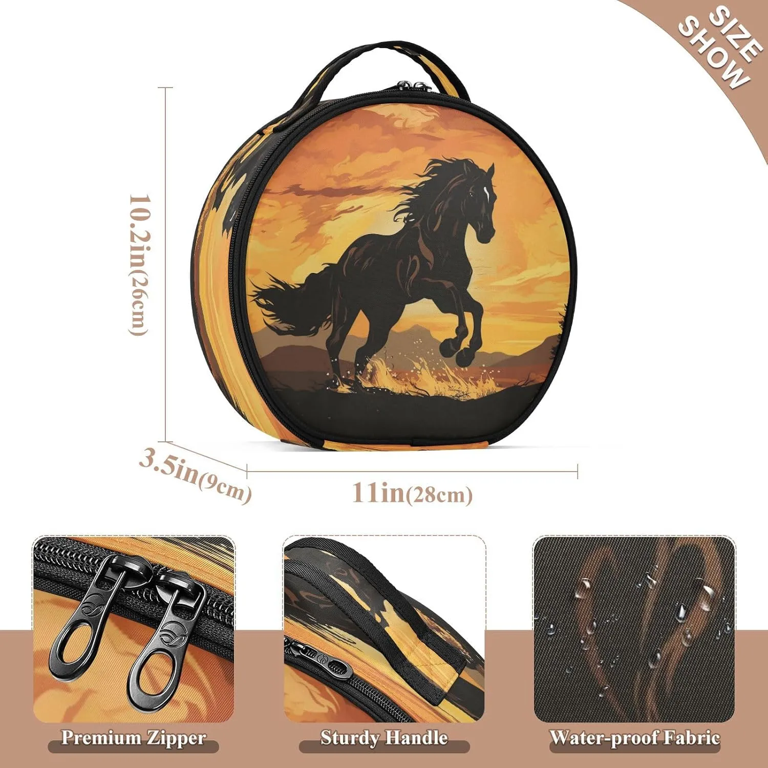 senya Round Cosmetic Pouch Travel Makeup Train Case Horse Makeup Organizer Bag with Adjustable Dividers Portable for Cosmetics Makeup Brushes Toiletry Jewelry Accessories