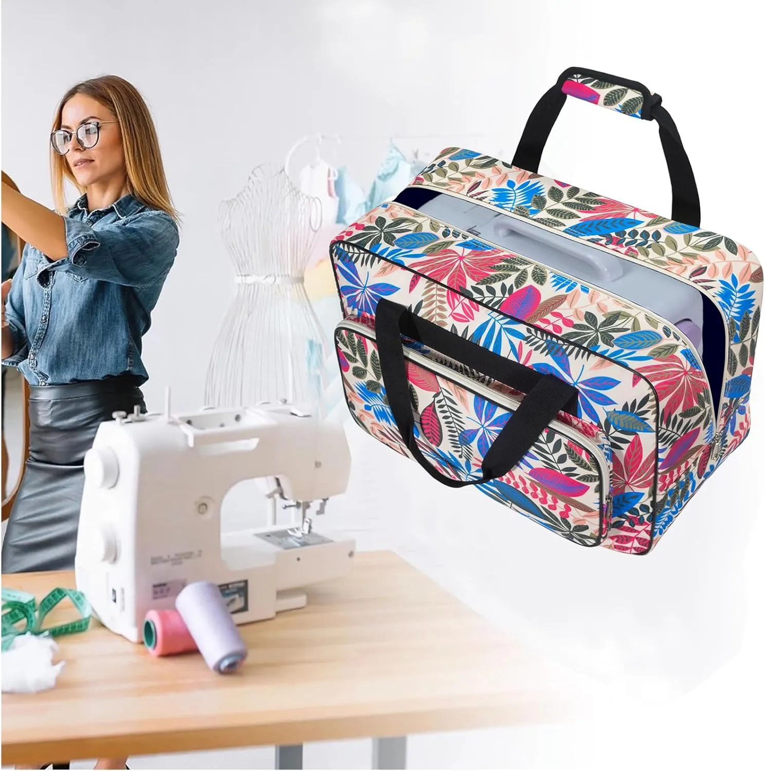 Sewing Machine Carrying Case，Sewing Machine Carrying Case Tote Bag，Universal Tote Storage Bag with Pockets and Handles, Suitable for Most Standard Singer, Janome (Milk White)