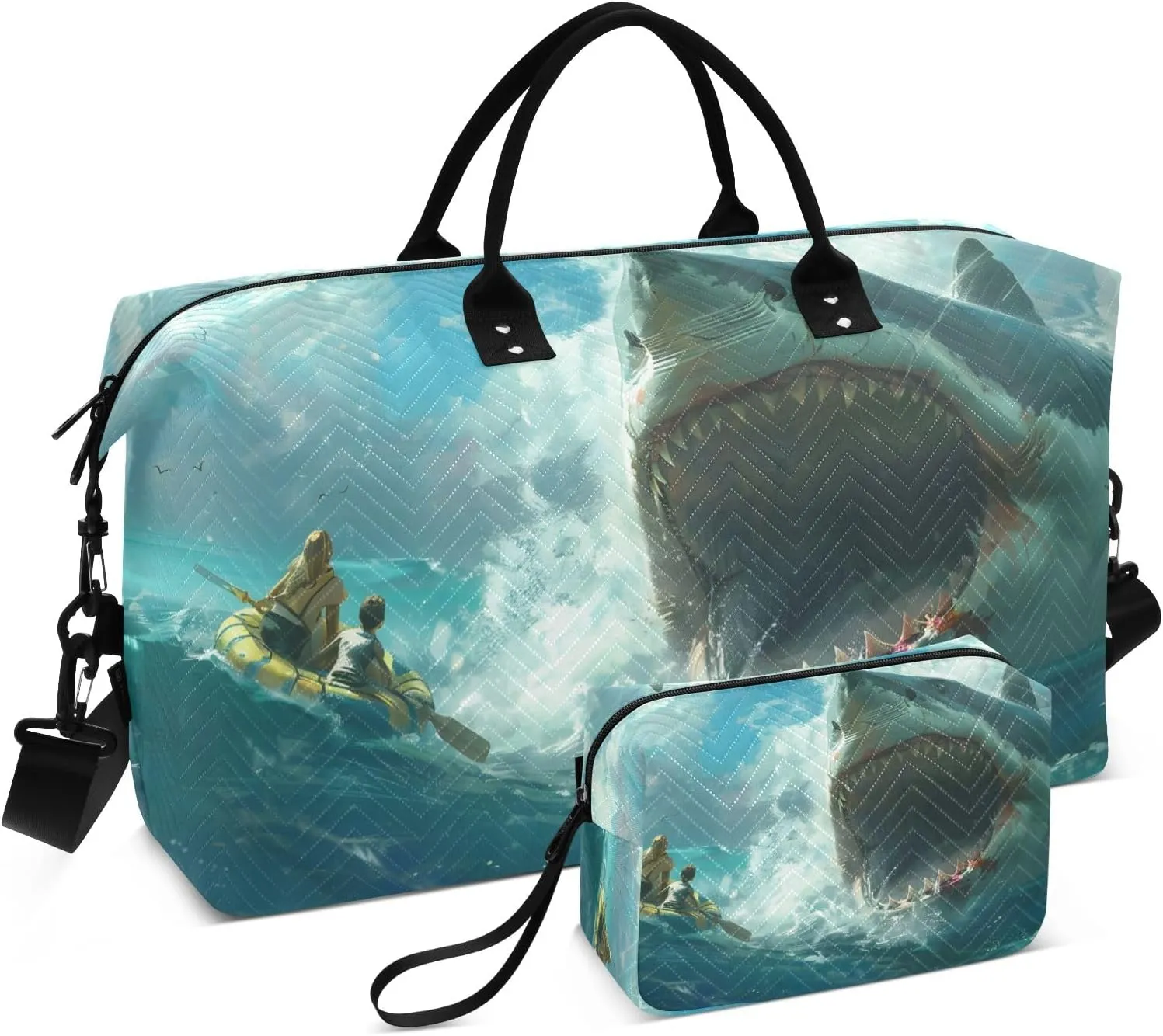 Shark Biting The Raft Travel Duffel Bags with Toiletry Bag for Travel Gym Yoga Weekender Bag