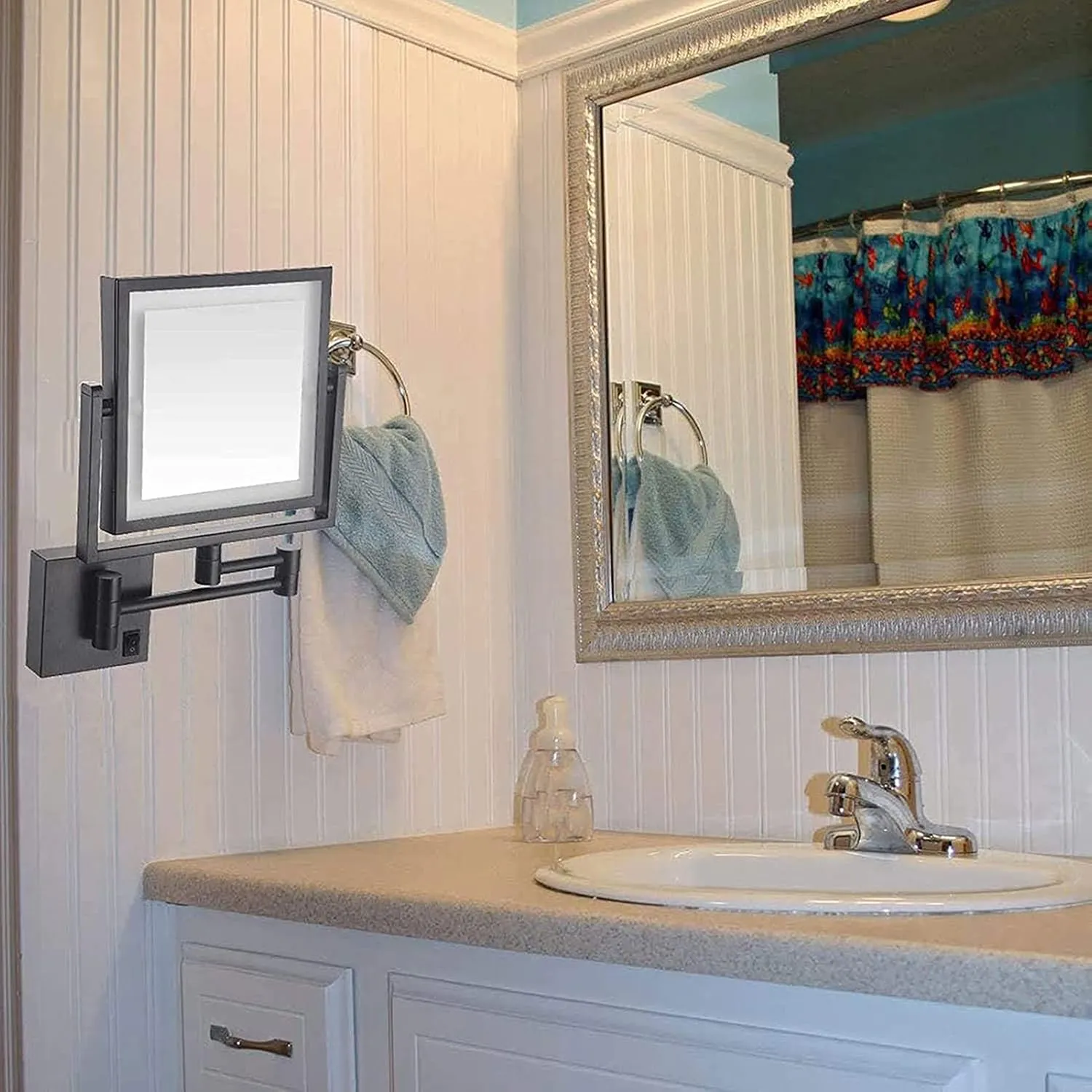 Shaving Mirror Wall Mounted with LED Lighted Rechargeable Double Sided 3X Magnifying 360 Rotation Cosmetic Vanity Mirror Extendable Arm for Bathroom Hotel