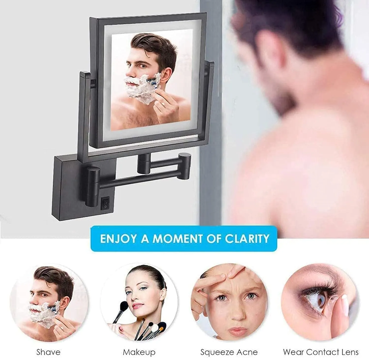 Shaving Mirror Wall Mounted with LED Lighted Rechargeable Double Sided 3X Magnifying 360 Rotation Cosmetic Vanity Mirror Extendable Arm for Bathroom Hotel