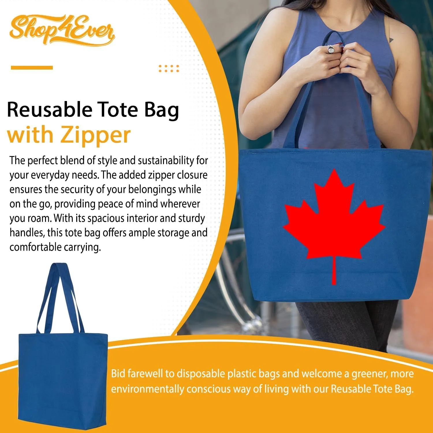 shop4ever Canada Leaf Heavy Canvas Tote with Zipper Canadian Flag Reusable Shopping Bag Zip