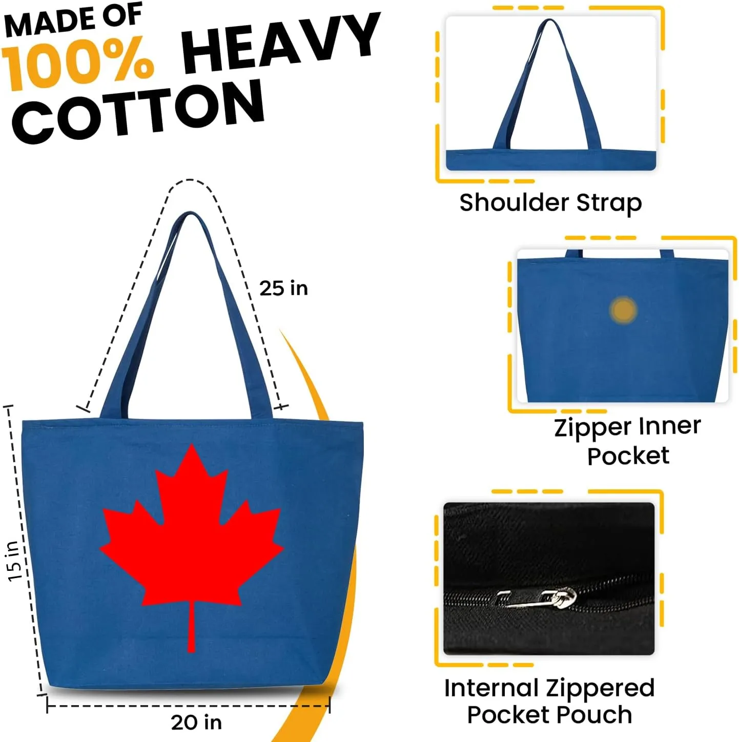 shop4ever Canada Leaf Heavy Canvas Tote with Zipper Canadian Flag Reusable Shopping Bag Zip