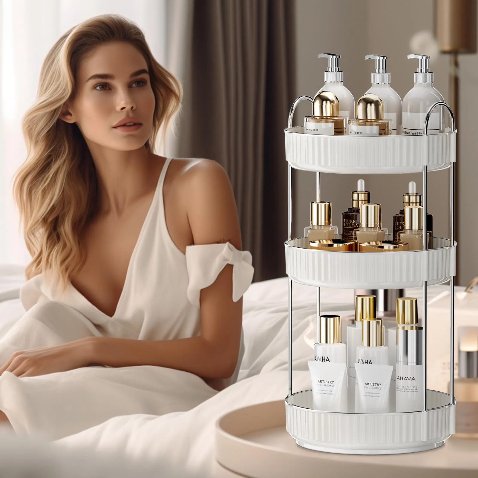 shuang qing Rotating Makeup Organizer for Vanity 3 Tier, High-Capacity Skincare Clear Make Up Storage Perfume Organizers Cosmetic Dresser Organizer Countertop 360 Spinning (Cream White)