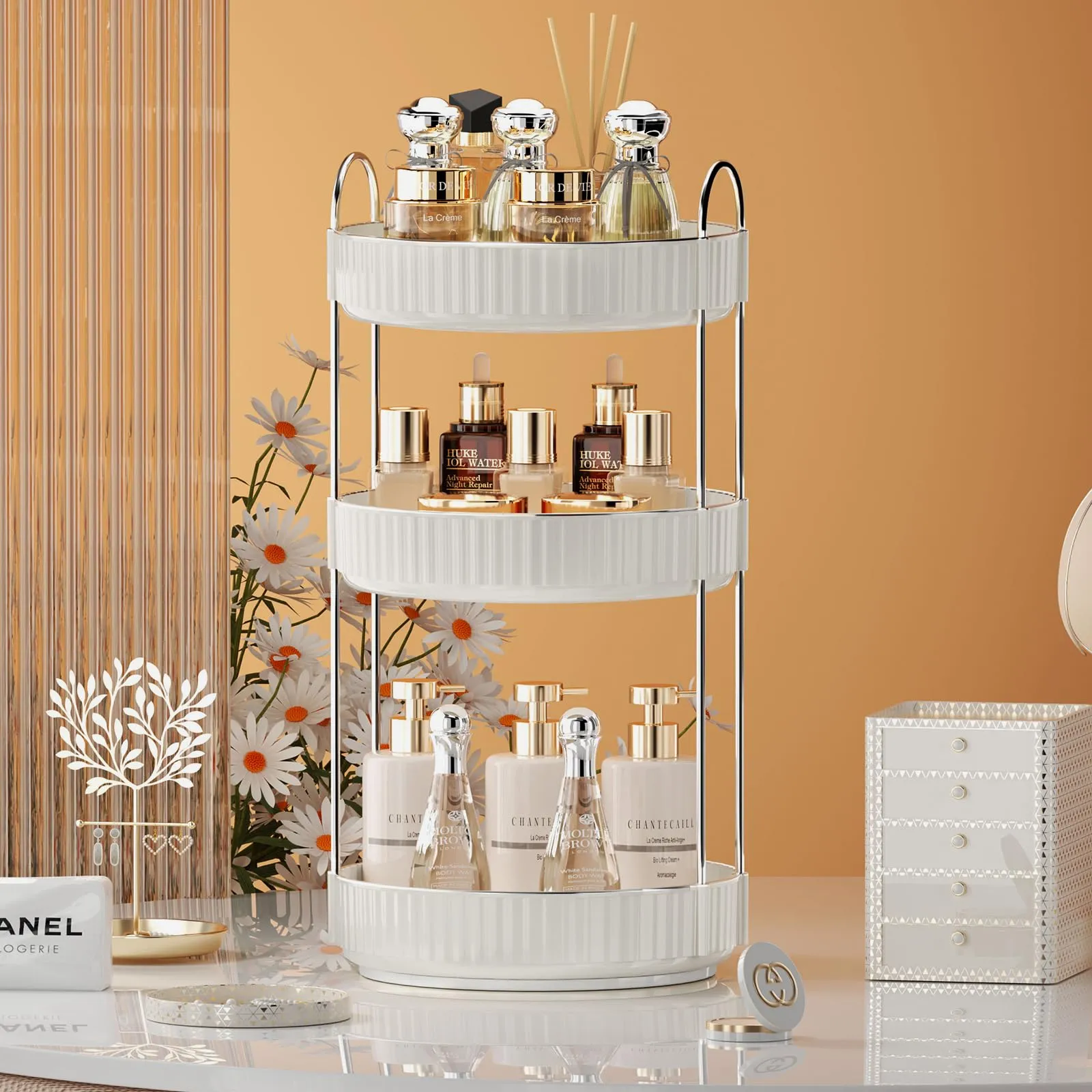 shuang qing Rotating Makeup Organizer for Vanity 3 Tier, High-Capacity Skincare Clear Make Up Storage Perfume Organizers Cosmetic Dresser Organizer Countertop 360 Spinning (Cream White)