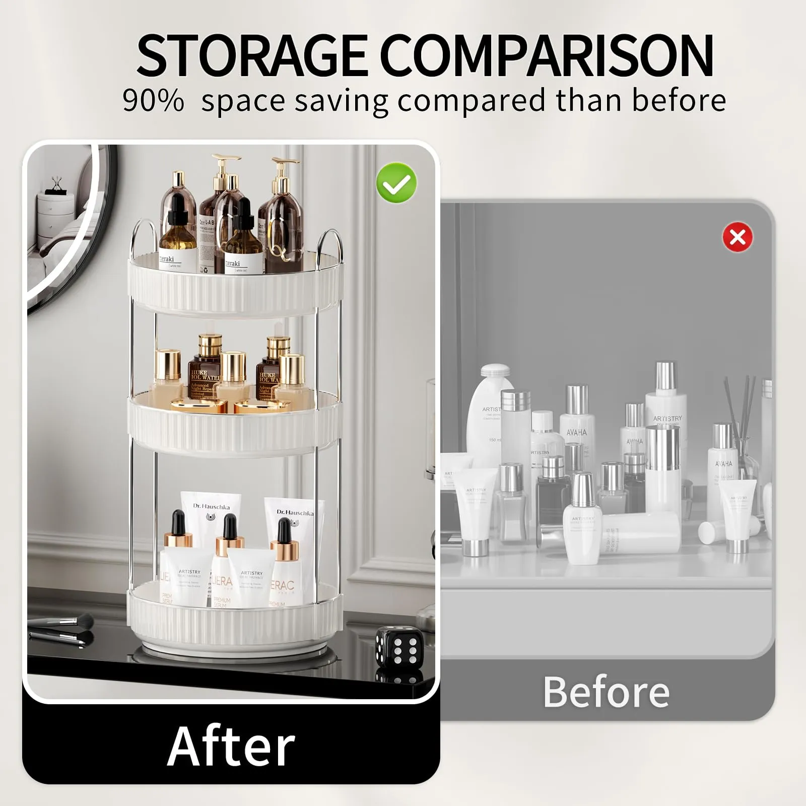 shuang qing Rotating Makeup Organizer for Vanity 3 Tier, High-Capacity Skincare Clear Make Up Storage Perfume Organizers Cosmetic Dresser Organizer Countertop 360 Spinning (Cream White)