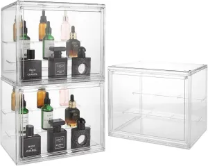 SHUESS Clear Purse and Handbag Storage Organizer, 3 Pack Acrylic Display Case for Handbag/Purse, Stackable Plastic Storage Boxes with Magnetic Door for Wallet, Book, Cosmetic, Toys (With Dividers)
