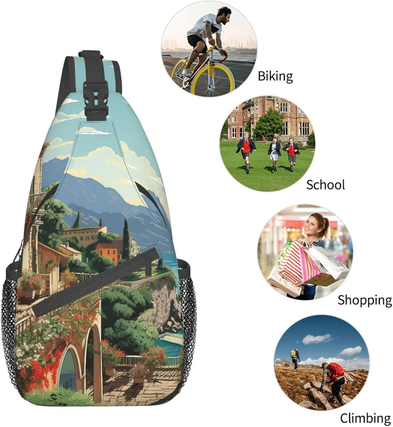 Sling Bag for Women Men Mediterranean Summer Cross Chest Bag Diagonally Casual Fashion Travel Hiking Daypack