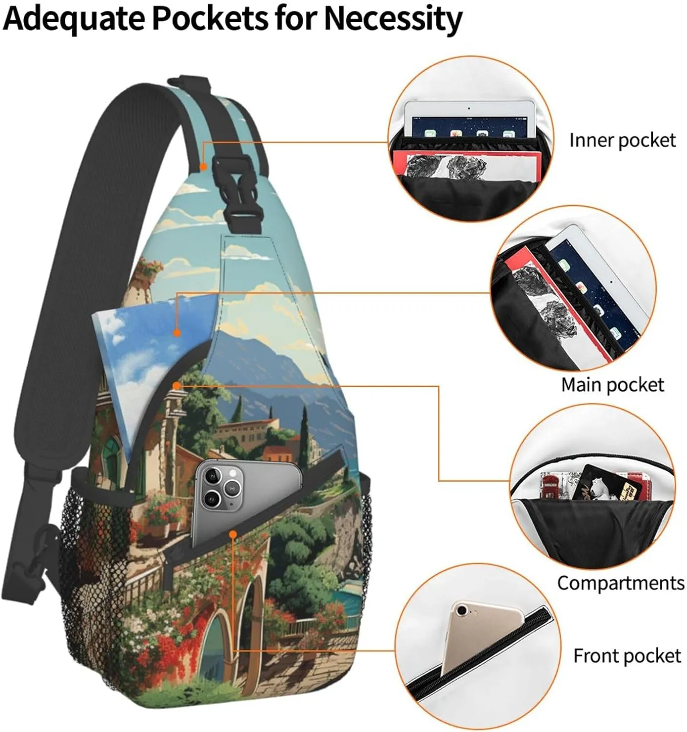 Sling Bag for Women Men Mediterranean Summer Cross Chest Bag Diagonally Casual Fashion Travel Hiking Daypack