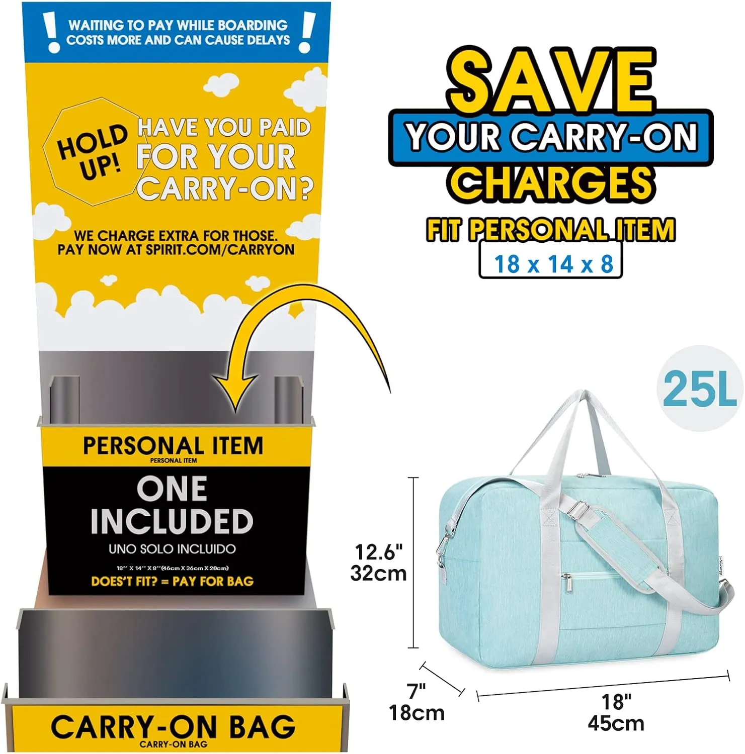 Small Carry On Bag For Spirit Airlines Personal Item Bag 18x14x8 Foldable Travel Duffel Bag Underseat Carry on Luggage for Women and Men 25L (Mint Green)