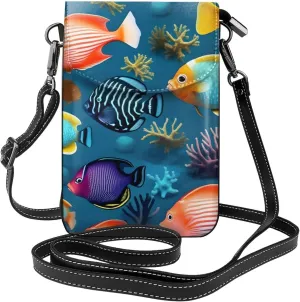 Small Cell Phone Purse - Stylish Quality And Soft Leather Messenger Horizontal Purse Crossbody Flap Phone Case For Women Submarine reef fish Prints