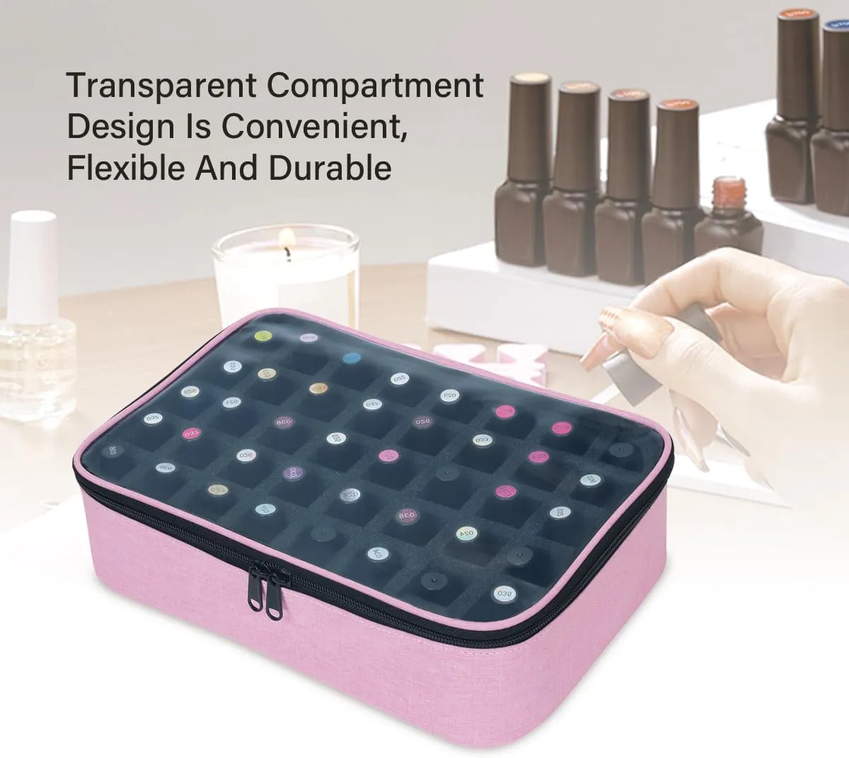 Small Clear Nail Polish Organizer Holds 40 bottles(15ml-0.5fl.oz) Nail Polish Case Multifunctional Nail Polish Bag organizer, Cosmetic Travel Makeup Bags for Women Pink
